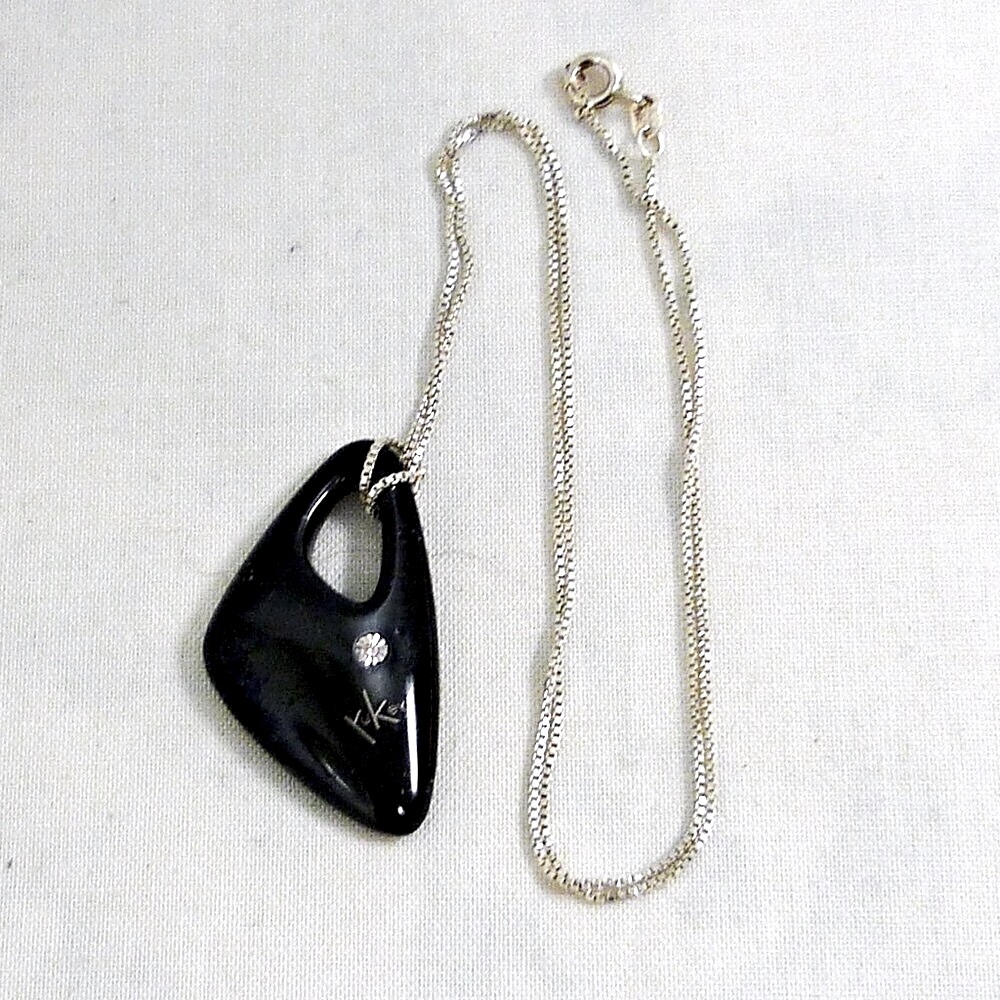 18K Diamond Black Steel Art Pendant Sterling Silver Necklace